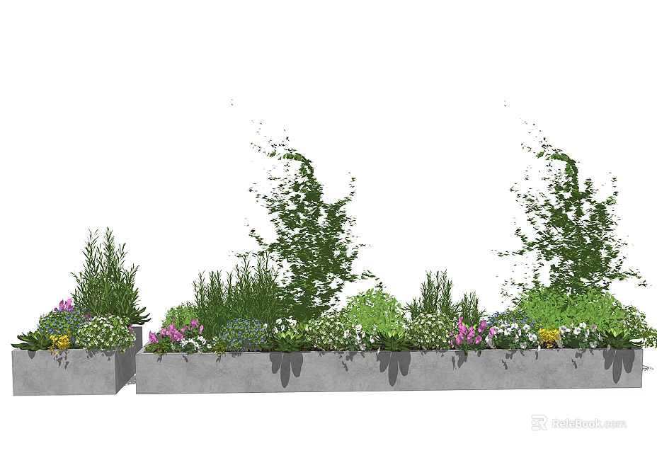 Garden Landscape Design With Concrete Planters Various Green Plants And Colorful Flowers 3d model 