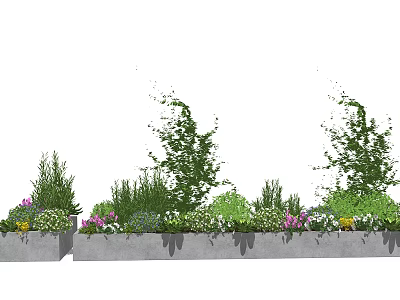 Garden Landscape Design With Concrete Planters Various Green Plants And Colorful Flowers 3d model