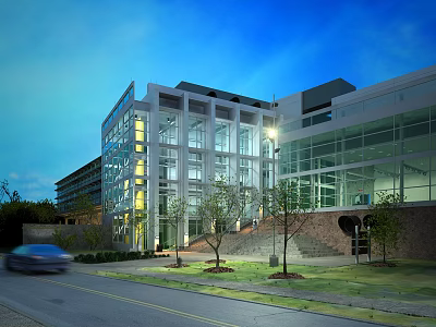 Modern Office Building Exterior With Glass Facade Trees And Road Lighting 3d model
