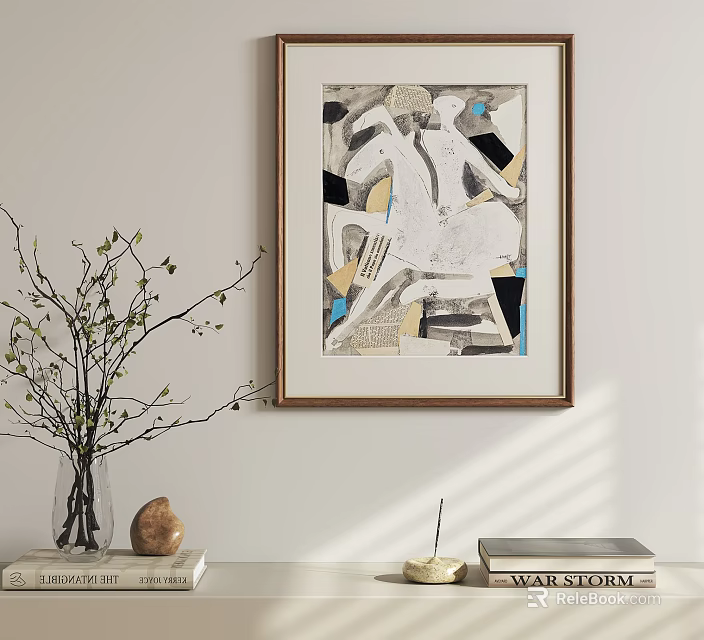 Abstract Painting With Geometric Patterns Neutral Colors Wooden Frame Nearby Vase And Books On Table 3d model 