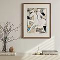 Abstract Painting With Geometric Patterns Neutral Colors Wooden Frame Nearby Vase And Books On Table
