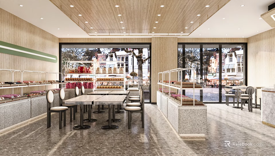 Modern Dessert Shop Interior With Glass Display Cases Wooden Tables And Street View Windows 3d model 