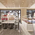 Modern Dessert Shop Interior With Glass Display Cases Wooden Tables And Street View Windows