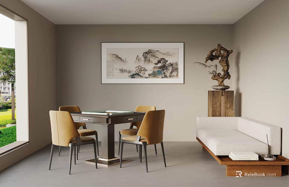 Entertainment Table with Four Yellow Chairs in Room Interior Featuring Landscape Painting and Wooden Sculpture 3d model 