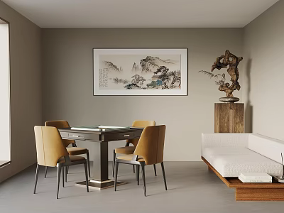 Entertainment Table with Four Yellow Chairs in Room Interior Featuring Landscape Painting and Wooden Sculpture 3d model