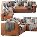 Modern Brown Leather Sectional Sofa With Cozy Throw Pillows And Blankets 3d model