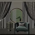 Luxurious Patterned Curtains In Elegant Room With Round Window Armchair Lantern And Potted Plant