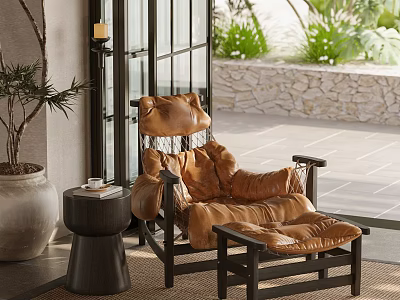 Brown Leather Lounge Chair With Ottoman Side Table Potted Plant Indoor Outdoor Stone Wall Greenery 3d model