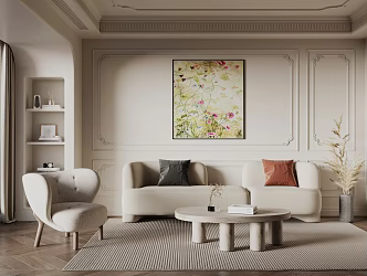 French living room cream sofa coffee table combination 3d model