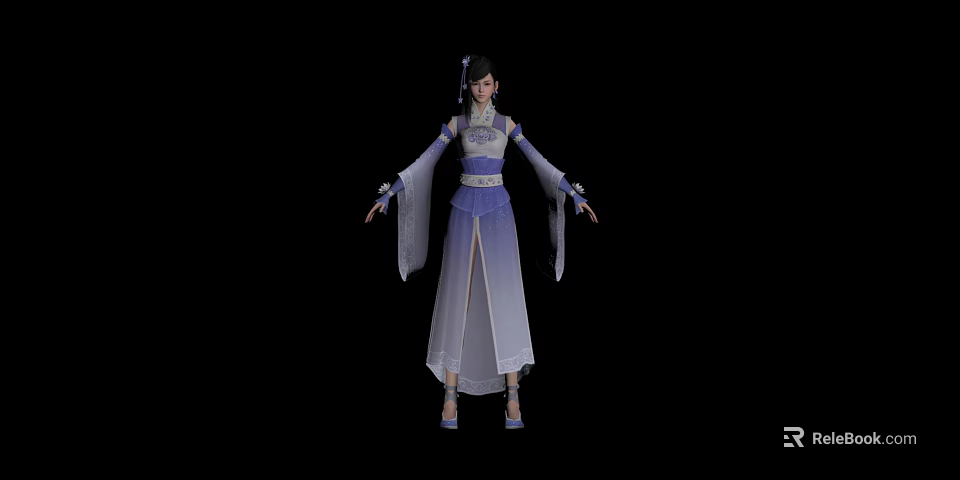 Ancient Game Movie Character in Purple White Gradient Robe with Flowing Sleeves and Hair Accessories 3d model 