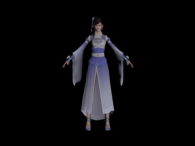 Ancient Game Movie Character in Purple White Gradient Robe with Flowing Sleeves and Hair Accessories 3d model