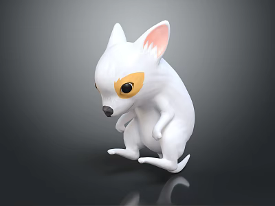 White Chihuahua 3D Character With Yellow Eye Patches Standing Pose On Dark Background Reflection 3d model