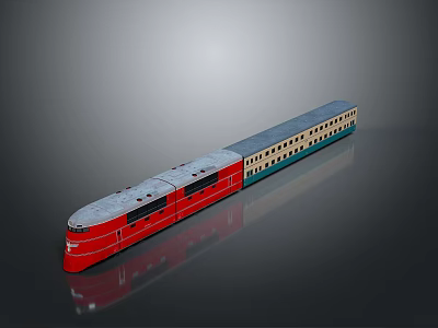 Red Model Train With Red Locomotive And Blue Beige Carriage On Shiny Surface 3d model