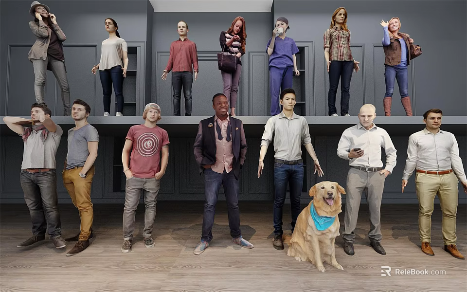 Group of People Standing with Golden Retriever in Indoor Studio Setting 3d model 
