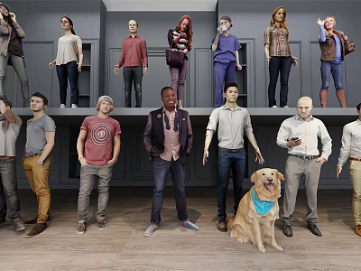 Group of People Standing with Golden Retriever in Indoor Studio Setting 3d model