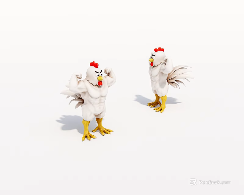 Cartoon Muscular Chickens With White Feathers Red Combs And Yellow Feet Two Animated Characters 3d model 