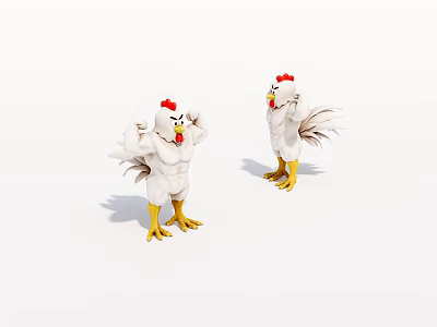 Cartoon Muscular Chickens With White Feathers Red Combs And Yellow Feet Two Animated Characters 3d model