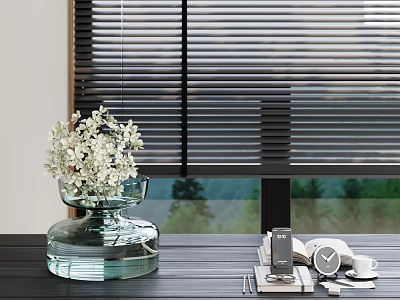 Modern Inflatable Decorative Piece With Window Blinds Vase And Flowers On Table 3d model