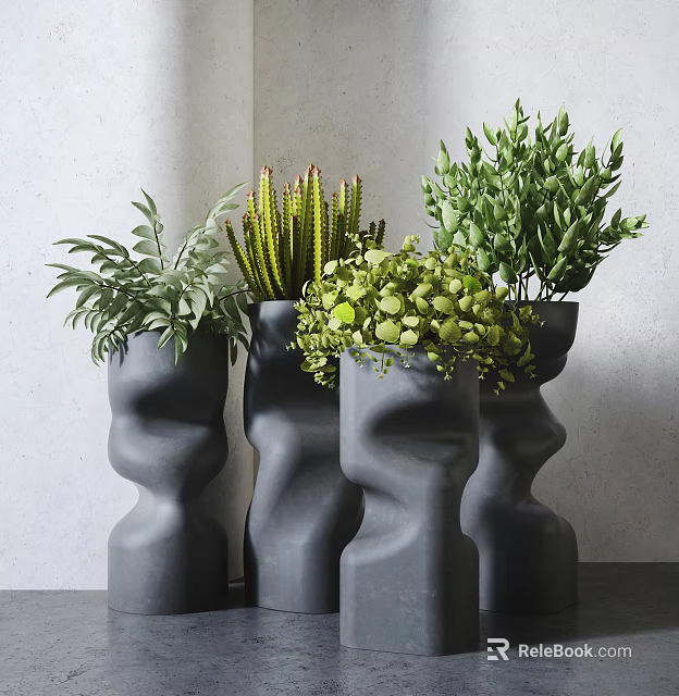 Potted Plants In Modern Textured Planters With Various Lush Green Foliage For Indoor Decor 3d model 