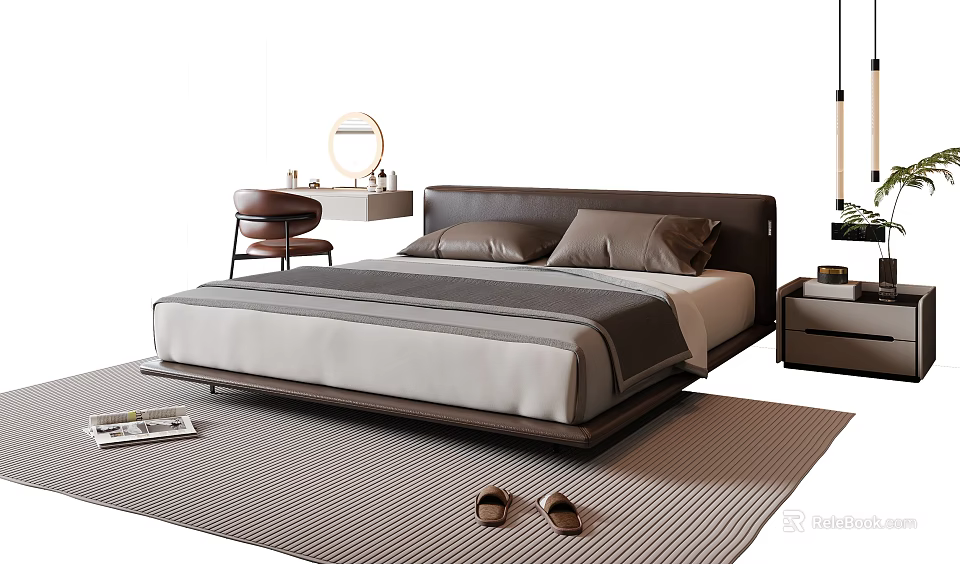 Modern Double Bed Bedroom Scene with Leather Headboard Mattress Bedding Nightstand Dressing Table and Rug 3d model 