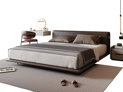 Modern Double Bed Bedroom Scene with Leather Headboard Mattress Bedding Nightstand Dressing Table and Rug 3d model