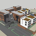 Modern School Building with Glass Facade and Brick Design Along Street with Vehicles and Pedestrians