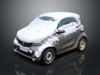 Snow Covered Silver Small Car With Gray Background And Shiny Wheels 3d model