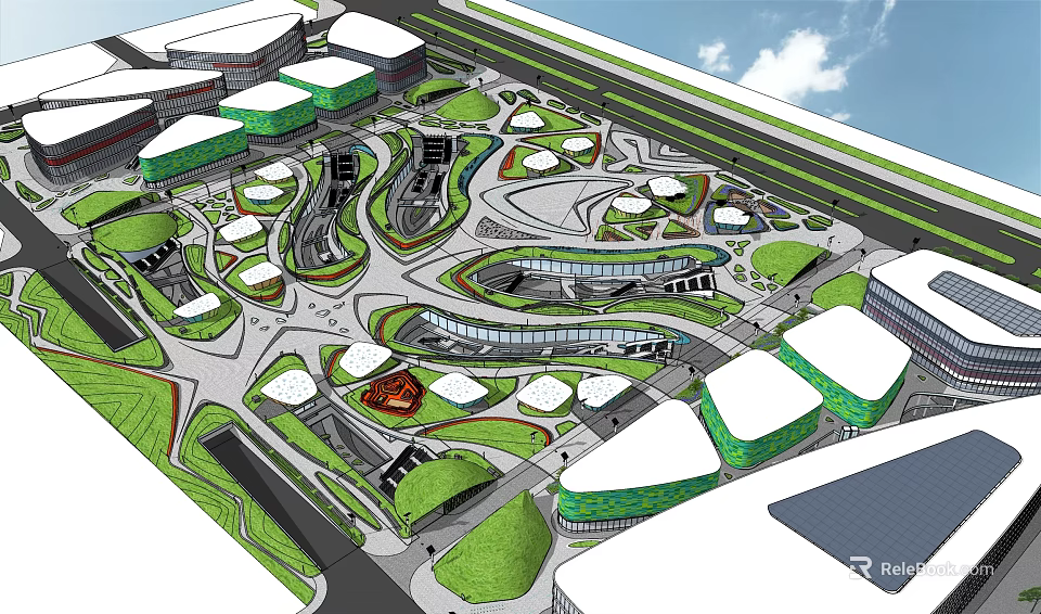 Modern Architectural Complex With Green Roofs Curved Roads And Open Public Spaces 3d model 