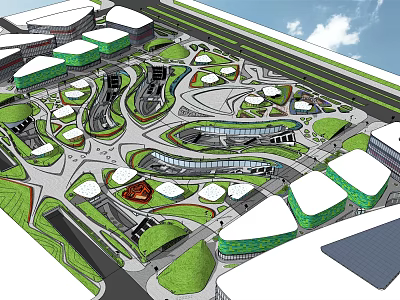 Modern Architectural Complex With Green Roofs Curved Roads And Open Public Spaces 3d model