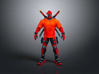 Man in Orange Hoodie with Two Swords on Back Wearing Black Gear Gloves and Boots 3d model