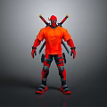 Man in Orange Hoodie with Two Swords on Back Wearing Black Gear Gloves and Boots