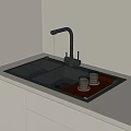 Black Double Bowl Kitchen Sink With Faucet On White Counter And Tray With Glass Cups