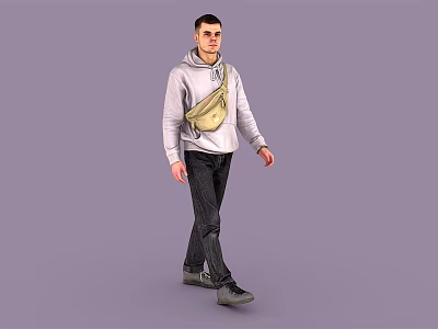Man in Gray Hoodie with Beige Crossbody Bag Walking on Purple Background 3d model
