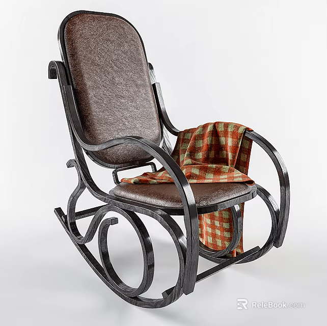 Brown Leather Leisure Chair With Curved Black Frame And Plaid Blanket On Armrest 3d model 