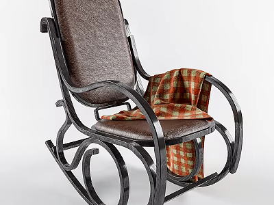 Brown Leather Leisure Chair With Curved Black Frame And Plaid Blanket On Armrest 3d model
