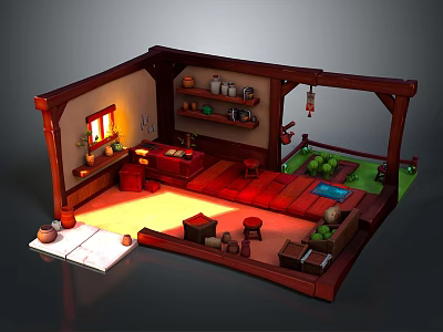 Cartoon Scene of Cozy Wooden Interior with Shelves Jars Mats Window Light and Green Plants 3d model