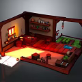 Cartoon Scene of Cozy Wooden Interior with Shelves Jars Mats Window Light and Green Plants