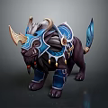 Horned Mythical Beast Game Character Featuring Blue Armor Purple Fur And Golden Trims