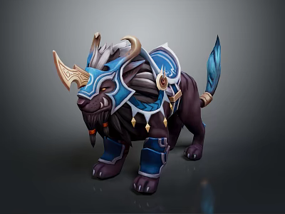 Horned Mythical Beast Game Character Featuring Blue Armor Purple Fur And Golden Trims 3d model