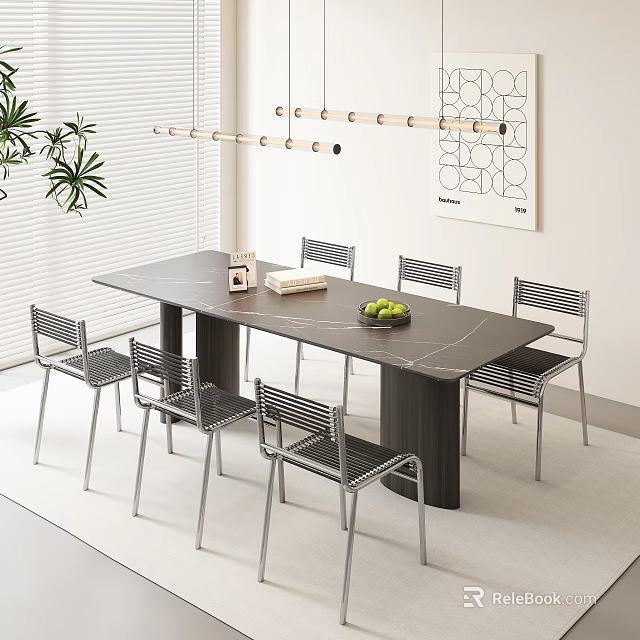 Sleek Modern Dining Table Set With Six Metal Chairs Gray Tabletop And Fruit Bowl 3d model 