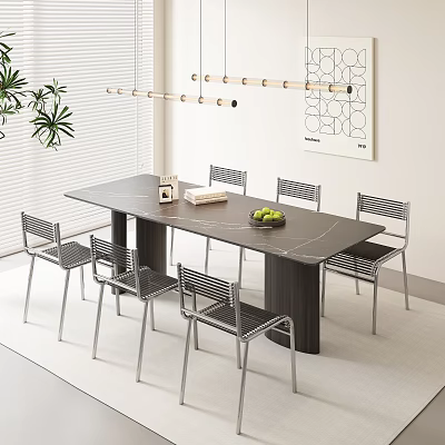 Sleek Modern Dining Table Set With Six Metal Chairs Gray Tabletop And Fruit Bowl 3d model