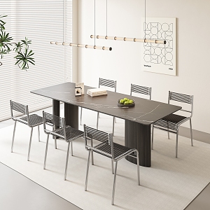 Modern Simple Dining Table and Chair Combination Long Dining Table Marble Dining Table and Chair Combination Simple Dining Chair Simple Chandelier 3d model