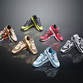 Stylish Sneakers Shoes In Various Colors With Modern Design Displayed On Black Surface