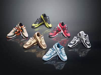 Stylish Sneakers Shoes In Various Colors With Modern Design Displayed On Black Surface 3d model