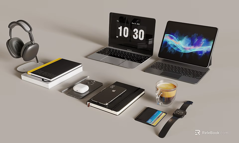 Modern Laptops And Tablet With Tech Accessories Including Smartphone Headphones Notebook On Workspace 3d model 
