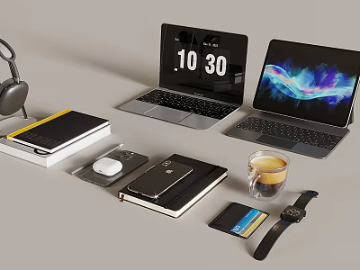 Modern Laptops And Tablet With Tech Accessories Including Smartphone Headphones Notebook On Workspace 3d model
