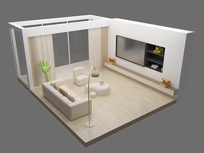 Cartoon Modern Living Room Scene With White Sofa Floor Lamp TV Green Plant And Window 3d model