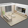 Cartoon Modern Living Room Scene With White Sofa Floor Lamp TV Green Plant And Window