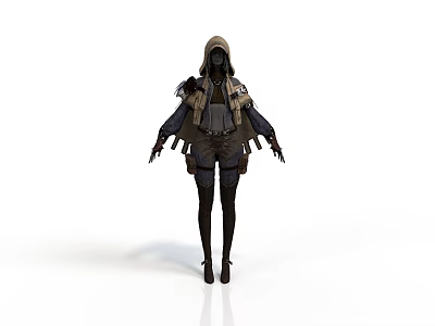 Woman In Stylish Hooded Outfit With Detailed Shoulder Armor Waist Gear And Long Boots 3d model