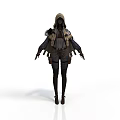Woman In Stylish Hooded Outfit With Detailed Shoulder Armor Waist Gear And Long Boots